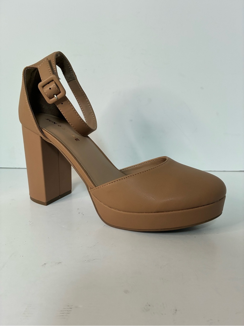 Sun + Stone Women's Birdey Ankle Strap Block Heel Platform Pumps Beige Size 11
